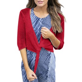 YeMgSiP Women's Tie Front Shrug 3/4 Sleeve Bolero Sheer Knotted Lightweight Cardigan Sweaters Short Shawl Tops Red