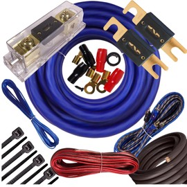 Gravity 1/0 Gauge Power Amp Kit Up to 6500 Watts Premium Elite Pro Flexible RCA Speakers Wires , 250A + 300A Fuse Included , Complete Blue DIY Hobbyist AWG Amplifier Installation Wiring