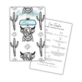 Car Freshie Insert Cards | 50 pk 5.5x8.5” Cactus Cow Modern Simple, fits in 6x9” for Holographic Bags Freshie Scent Label Care Instruction Cardstock