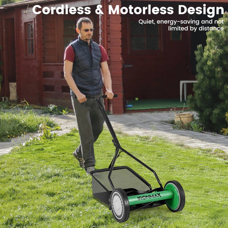 14" Manual Reel Mower w/ 5-Blade 6.6 Gallon Removable Grass