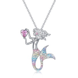 luomart Fashion Mermaid Birthstone Necklace Jewelry White Gold Plated Austrian Crystal Pendant Gift for Girls Women (Rainbow Blue)