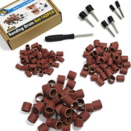 Asieg Tool Sanding Drum Kit 142Pcs 320Grit, 1/2" & 3/8" & 1/4" Diameter Drum Sanding Band with 3.17mm Shank Mandrels for Drill Dremel Rotary Tools Nails Drill
