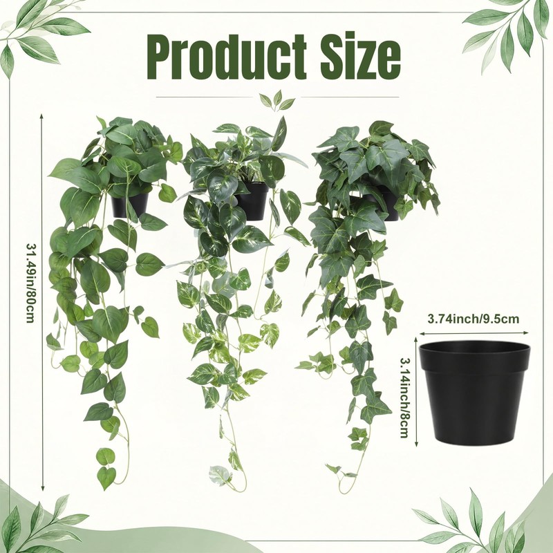 Juinte 3 Pcs Fake Hanging Plant with Pot Faux Pothos