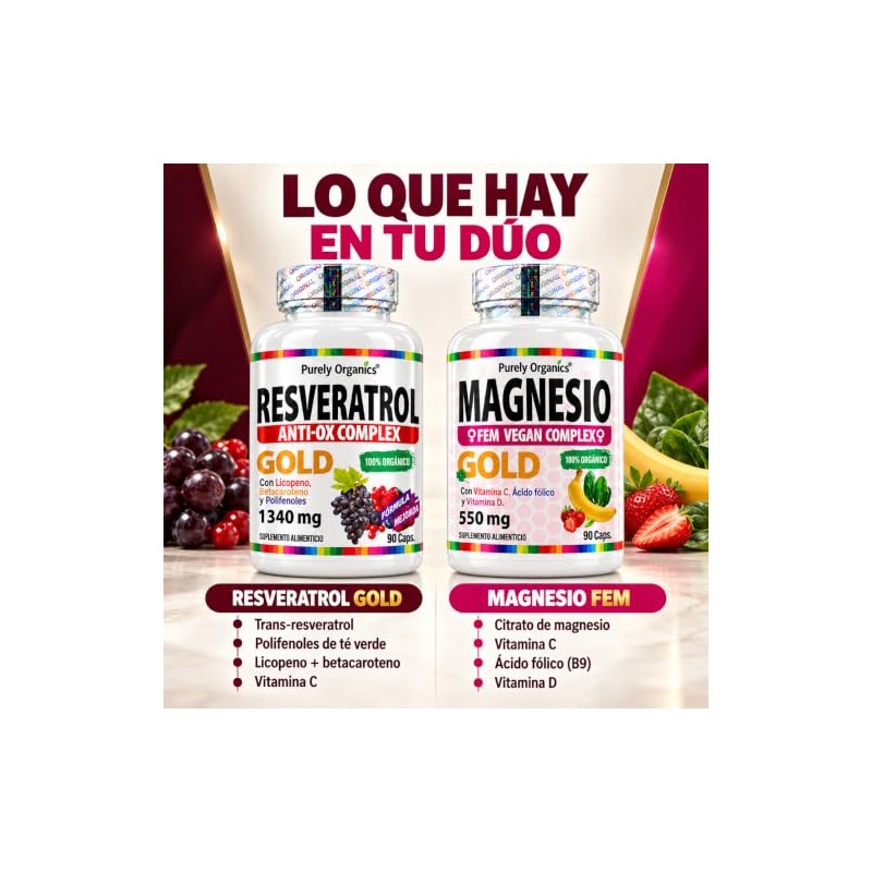 Purely Organics Resveratrol Gold + Magnesio Fem, 90 Cápsulas c/u