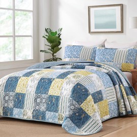 Drucon 3 Pieces Patchwork Quilt Set King Size, Blue n Yellow Plaid Design Bedding Set, Soft n Cozy Microfiber Quilt, Lightweight Bedspread Bed Cover for All Season(104" x 90")