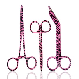 CynaMed Hemostat and Scissors Set (3-Piece) – Suture Removal Scissors, Lister Bandage Scissors, and Hemostatic Forceps (Pink Zebra Design)