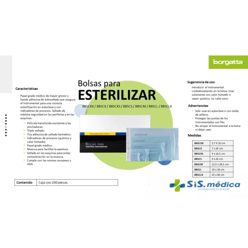 Borgatta Bolsa Para Esterilizar Autosellable De 9x26 Cm C/50 Piezas