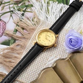 Anbeer 14mm Flat Thin Elegant Genuine Leather Watch Strap,Quick Release Replacement Watch Band,Black with Rosegold Buckle