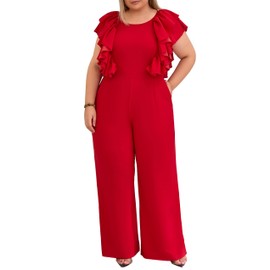 VERWIN Plus Size Ruffle Women's Jumpsuit Plain Full Length Romper Sleeveless Patchwork Overlay Jumpsuit with Pockets XXXL Red