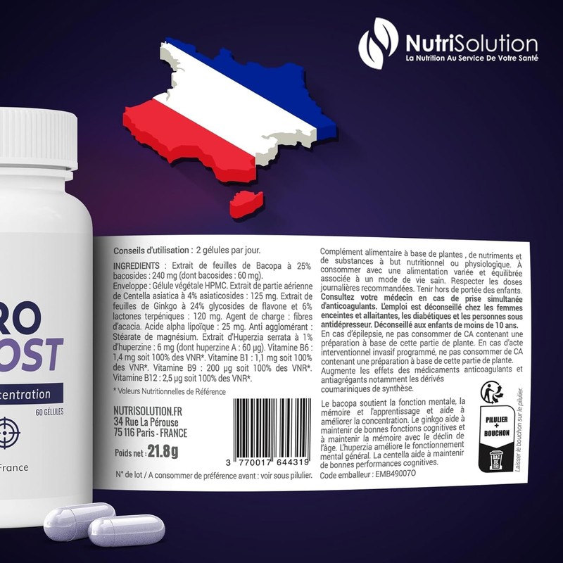 NeuroBoost: Dietary Supplement with Ginkgo Biloba, Vitamin B12 & Herbal