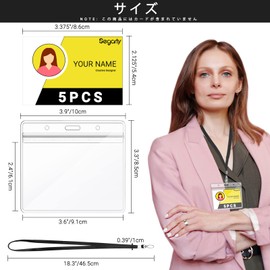 Segarty Name Holder, 5 Card Holder, Horizontal Type, Black, Hanging Name Tags, Employee ID, Transparent Color Name Tag Case, Card Holder, Neck Hanging, Double-Sided, Neck Strap, Cards, For School Commutes, Business Cards, Exhibitions, Events, Pass Case, 