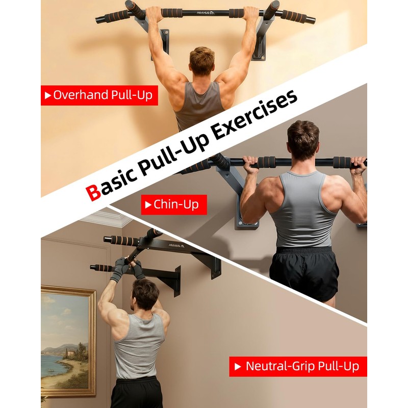 Abahub Wall Mounted Pull Up Bar,440lbs Multi-Grip Chin-Up Bar for