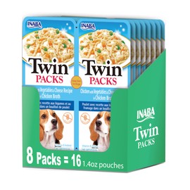 INABA Twin Packs for Dogs, Side Dish/Topper Cups, 1.4 Ounces per Serving, 16 Servings, Chicken with Vegetables & Cheese Recipe in Chicken Broth