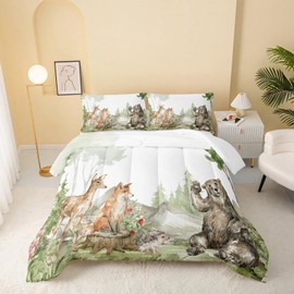 QOOMO Black Bear Watercolour Bedding Set Cute Sika Deer Fox Hedgehog Comforter Set for Boys Girls Teen Room Decoration Wild Plants 3D Quilt Set Decoration Twin Size 1 Comforter Set 2 Pillowcases