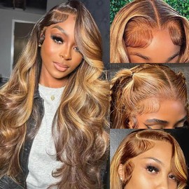 Caijuxing 4/27 Highlight Lace Front Wigs Human Hair Body Wave 13x6 HD Lace Frontal Wig Ombre Body Wave Lace Front Wig Human Hair Pre Plucked Highlight Lace Front Wig Human Hair 180% Density (22 Inch)