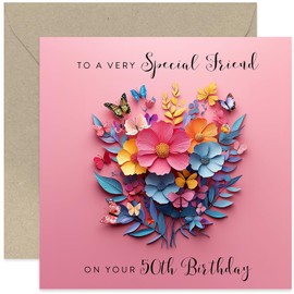 Very Special Friend 50th Happy Birthday Greeting Card - Gifts for Her - Floral Paper Cutout Artwork with Butterflies - Age 50 - Pink Birthday Cards - Heartfelt Sweet Card - Non 3D