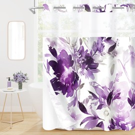 Litabel No Hook Purple Watercolor Floral Shower Curtain, Plant Leaves with Flower Hookless Shower Curtains for Summer Bathroom Decor, White Modern Botanical Waterproof Shower Curtain Set 72x74 Inch