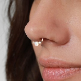 Sterling Silver Fake Nose Cuff SEPTUM HOOP - Cut Wire Silver Non Piercing False Nose Jewelry With White Opal - CUTWIRE Faux Nose Ring - 20Gauge Fake Septum Nose Piercing Hammered Wire - 7mm Diameter 0.2 Inches Seamless No Piercing Needed Septum Hoop - Fa
