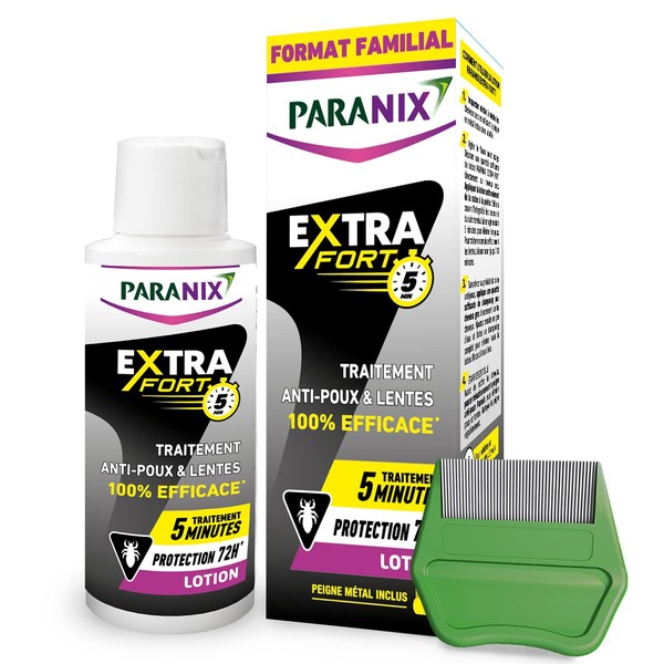 Paranix Extra Fort 5 minutes - Lotion Anti-Poux et Lentes 100% efficace* 2 en 1 : traite et protège – Format Familial 200 ml – Peigne fin en métal inclus