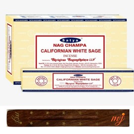 Original Satya Nag Champa Californian White Sage Incense Sticks | with M&J incense sticks holder | Full Box | for Aromatherapy, Spa, Yoga, Weddings, Meditation, Healing, Positivity and Relaxation