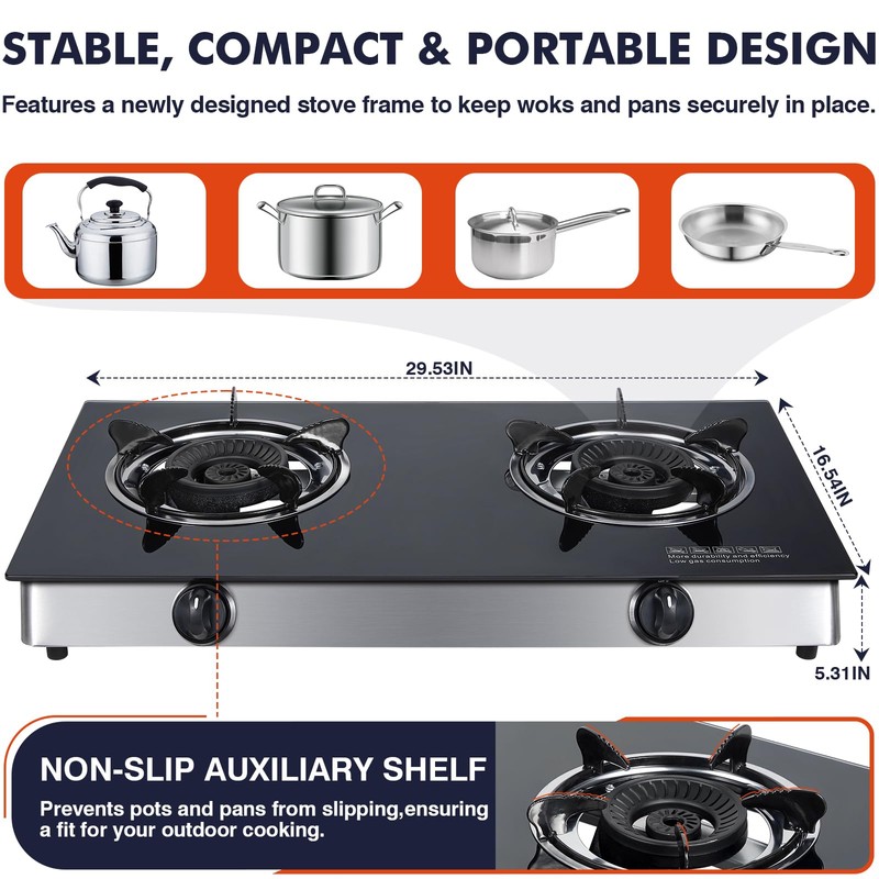 Llamaviva 2 Burner Propane Gas Cooktop, Portable Tempered Glass Double