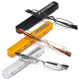Small Reading Glasses Men Women 3 Pairs Slim Pocket Readers with Pen Clip Metal Case Spring Hinge 3.5