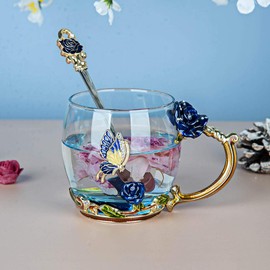 C&Z Emaille-Glasbecher Schmetterling Blume bleifrei trinken Teetasse Kaffee Tassen mit Stahllöffel Set für Frauen Geburtstag Valentinstag Hochzeit Geschenke Blau