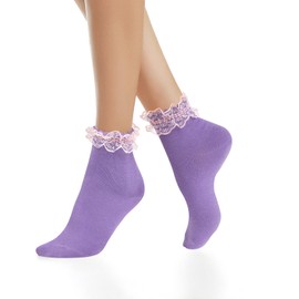Benefeet Sox Womens Ankle Socks Girls Cute Lace Ruffle Anklet Socks Kawaii Frilly Princess Dress Sock Casual Low Cut Cotton Sock with Ruffle, Purple
