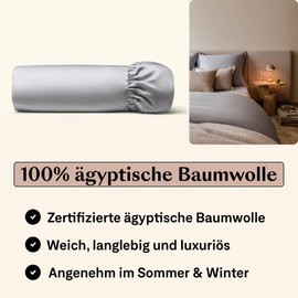 Amqua Fitted Sheet, 140 x 200 cm, Cotton Light Grey, Fitted Sheet with High Mattress (up to 30 cm), Egyptian Cotton Bed Sheet, Cotton Fitted Sheet, 140 x 200 cm, Mako Satin Fitted Sheet