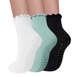 Elapse Space 3 Pairs Pilates Socks with Grips for Women Non Slip Grip Ruffle Yoga Ankle Grippy Socks