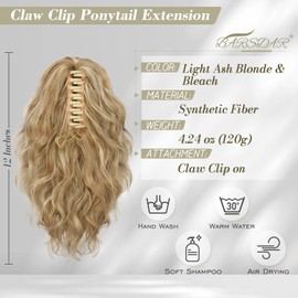 BARSDAR Short Blonde Ponytail Extension - 12 Inch Claw Clip Ponytail Hair Extensions for Women - Short Wavy Multi Layered Synthetic Clip in Pony Tail Hairpieces Daily Party - Blonde Mixed