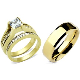 Couples Ring Set Womens 14K Gold Plated Stainless Steel Princess CZ Engagement Ring Mens Gold Plated Flat Wedding Band- Size W6M8