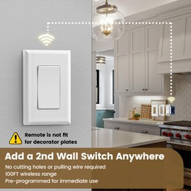 Suraielec 3 Way Wireless Light Switch, Neutral Wire Required, Grounding, 15A High Power, 100ft Range, No Wiring No WiFi, Expandable Remote Control Light Switches for Lamp, Ceiling Light, Fan