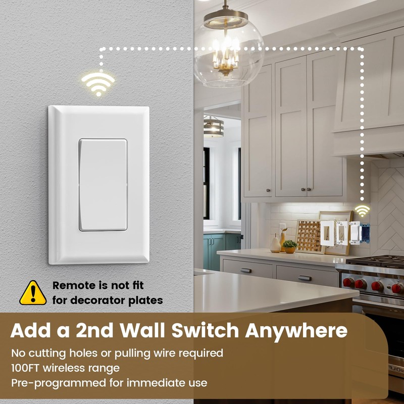 Suraielec 3 Way Wireless Light Switch, Neutral Wire Required, Grounding,