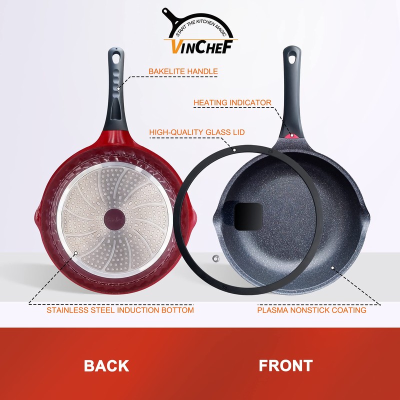 Vinchef Nonstick Skillet with Lid, 11In/5Qt Aluminum Deep Frying Pan