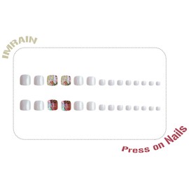 IMRAIN Press on Toenails Short Square Fake Toenails Chrome Whiter Pink False Toe Nails with Flower Designs Full Cover Cute Summer Toenail Press ons Glue on Toe Nails for Women Girls 24Pcs