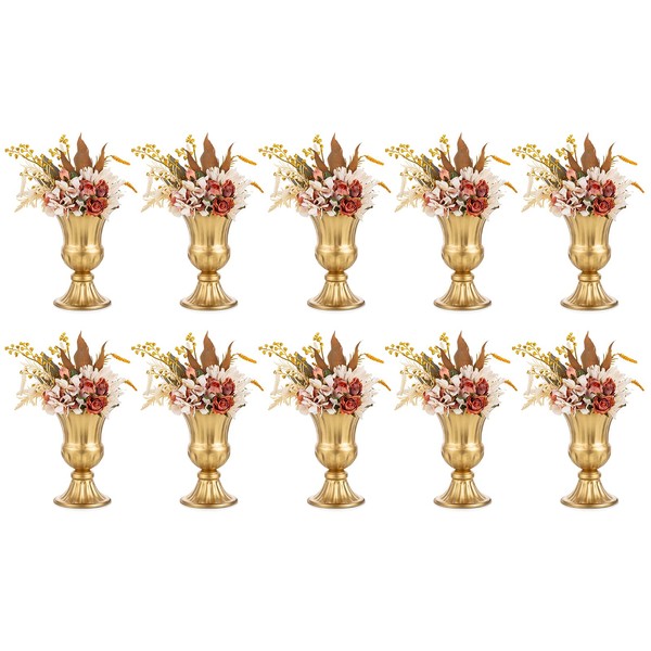 Nuptio Gold Vases for Centerpieces Wedding - 10 Pcs 9in Height Metal Urn Planter Elegant Wedding Centerpieces for Tables - Trumpet Vase for Weddings Party Decoration Centerpiece Table Decorations