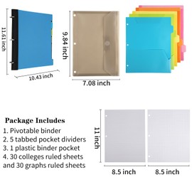 Tashkummy Pivotable Refillable Notebook, Notebook with Dividers and Tabs, 30 College Ruled Paper and 30 Graph Paper, 1 Movable Pocket, 5 Plastic Tabbed Subject Dividers, 200 Sheets Capacity- Blue