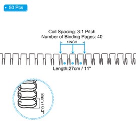 PATIKIL 8mm (5/16") Double Loop Wire Binding Combs, 50 Pcs Metal Twin Loop Binding Coils 40 Sheet Capacity 3:1 Pitch 32 Ring Binding Spines, Black