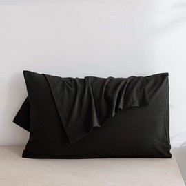 JELLYMONI Pillowcases Standard Set of 2 Cotton Envelope Pillow Covers Pure Black 20×26in Bed Pillow Cases 100% Washed Cotton Soft Breathable (Pillows are not Included)