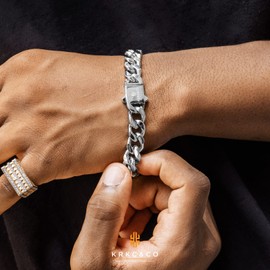 KRKC&CO Men’s Cuban Bracelet, 8 / 10 / 12 / 14 mm, 18K Gold / White Gold-Plated, Curb Chain, Cuban Link Bracelet, Stainless Steel, Cuban Chains, Hip Hop Bracelet for Men and Boys, Stainless Steel