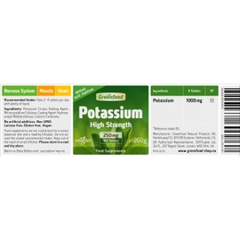 Greenfood Potassium, 250 mg,180 Tablets - contributes to Normal Nervous System Function, Muscle Function and Blood Pressure. Without Artificial additives. Without Genetic Engineering. Vegan.