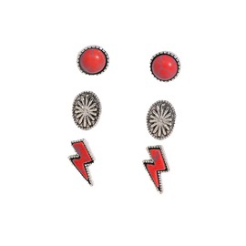 Western Earrings for Women Natural Turquoise Earrings Western Jewelry Lightning Bolt Stud Earrings Set 80s 90s Accessories-Red set