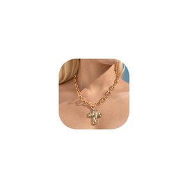 COORWEEL Gold Chunky Hammered Cross Toggle Necklace for Women Men Cross Pendant Thick Chain Necklaces Fashion Jewelry