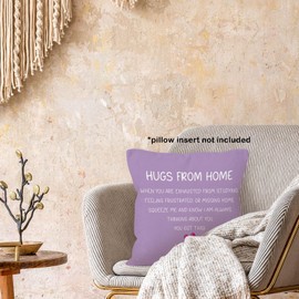 MONALET Purple Hugs from Home Dorm Throw Pillow Covers 18x18, Back to School Decor Pillow Cases Gifts for Classroom Teens Dorm Room Bedroom, Freshman College Square Pillowcases for Couch Bed Sofa