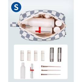 Narwey Small Checkered Makeup Bag for Purse Travel Makeup Pouch Mini Cosmetic Bag Zipper Pouch for Women (Grayish Blue Checkerboard, Small)