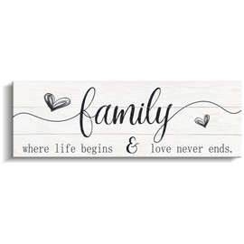 Kas Home Family Wall Decor Rustic Home Sign Inspirational Quotes - Where Life Begins & Love Never Ends Canvas Wall Art Prints for Bedroom Living Room Kitchen (5.5x16.5 inch, White - Family)