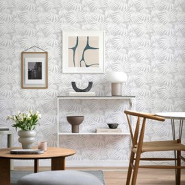 MelunMer Grey Leaf Peel and Stick Wallpaper Boho Gray Contact Paper Self Adhesive Wallpapers Removable Wallpaper for Bedroom/Bathroom Waterproof Modern Contact Paper for Cabinet Palm 78.7In L 17.3In W
