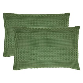 VHC Brands 100% Cotton Waffle Weave Olive Green Queen Size Sham Set of 2 20x30, Decorative Throw Pillow Covers/Shams, Boho Farmhouse Bedroom Decor