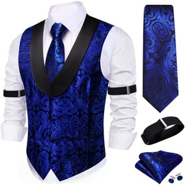 Barry.Wang Royal Blue Vest for Men Silk Shawl Collar Vest Tie Sleeve Holder Set Formal Paisley Vests Wedding Tuxedo Waistcoat